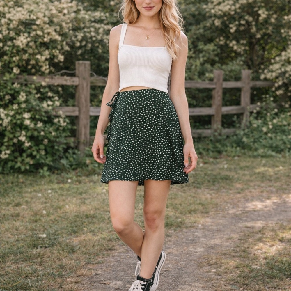 Brandy Melville Dark Green Floral Tie Wrap Mini Skirt OS Cottagecore Coquette